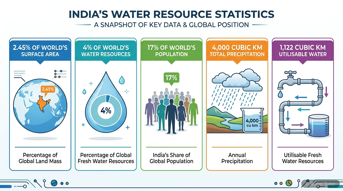 An infographic showing key statistics about India's share of world surface area, water resources, population, total precipitation, and utilisable water resources.