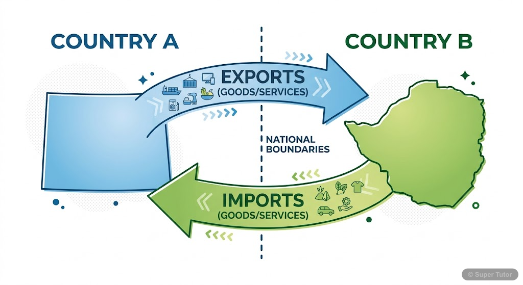 A flowchart illustrating the fundamental concept of international trade, showing two countries exchanging goods and services across national boundaries.