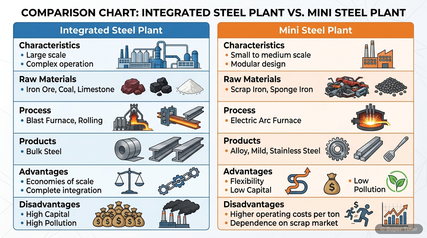 A comparison chart highlighting the key differences, advantages, and disadvantages of integrated steel plants and mini steel plants in India.