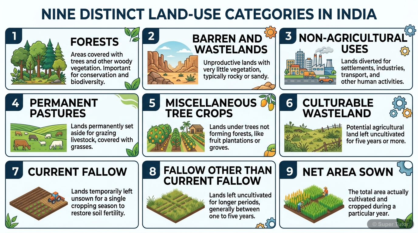 An infographic illustrating the nine land-use categories as maintained in Land Revenue Records in India, with a brief description and visual representation for each.