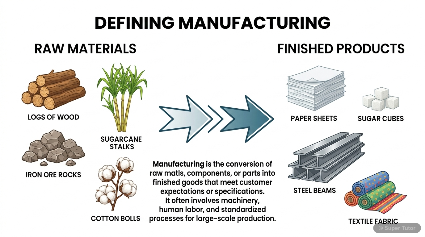 An infographic defining manufacturing as the production of goods in large quantities from raw materials into more valuable products, with examples like paper from wood, sugar from sugarcane, iron and 