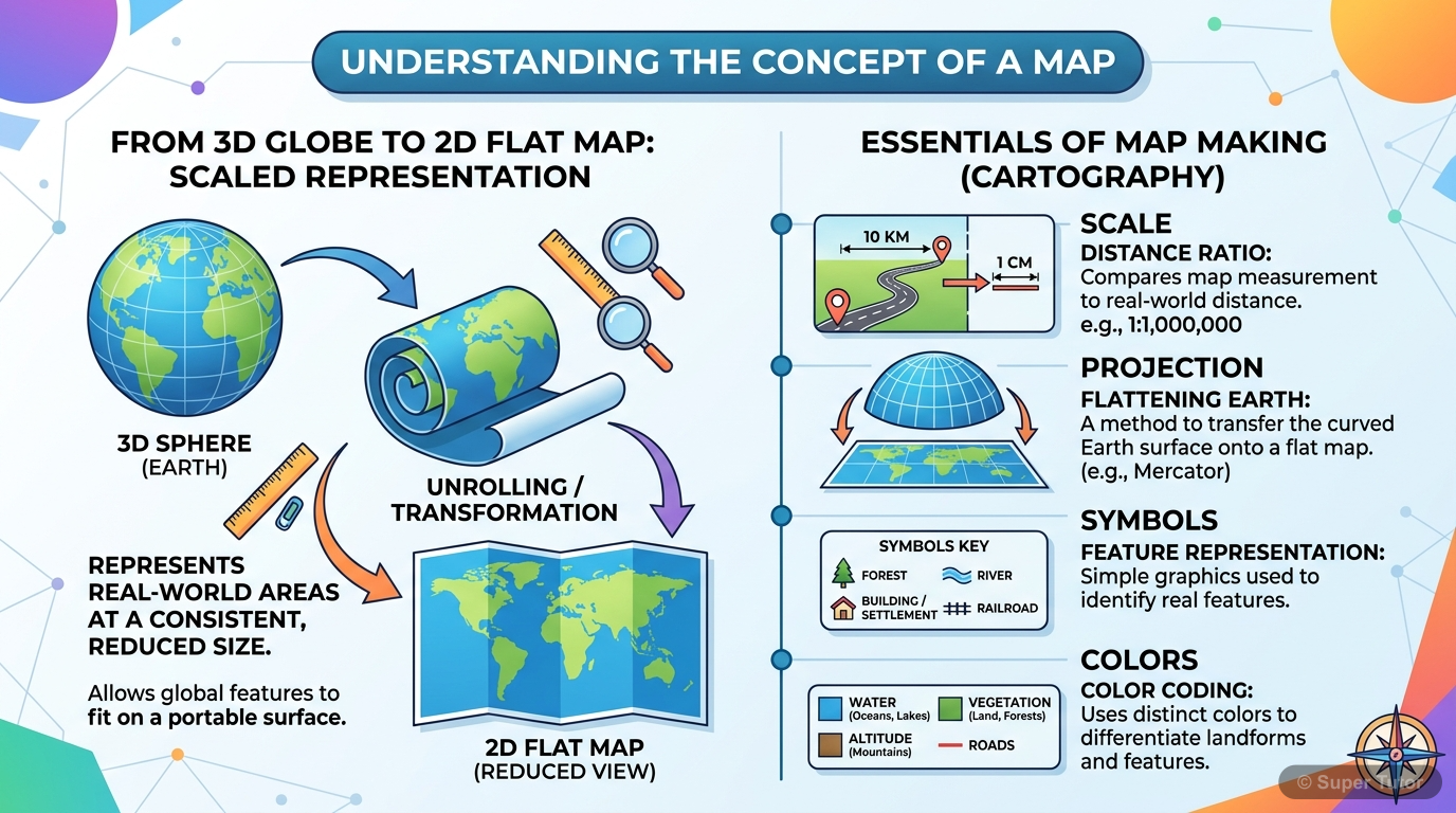 Concept and Essentials of Map Making An infographic explaining the core concept of a map (2D representation of 3D Earth, scaled, symbolized, generalized) and the essential elements required for map making (scale, projection, symbols, col