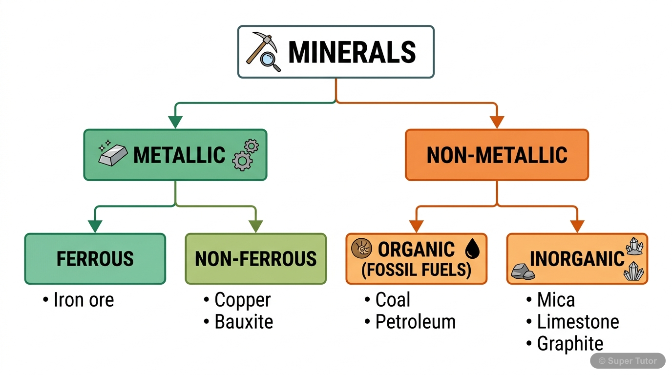 A hierarchical flowchart illustrating the classification of minerals into metallic and non-metallic, further branching into ferrous/non-ferrous for metallic, and organic/inorganic for non-metallic, wi