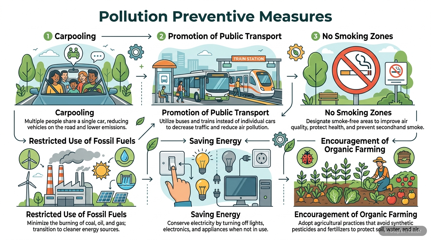 An infographic summarizing various preventive measures against pollution discussed in the chapter, such as carpooling, public transport, no smoking zones, restricted fossil fuels, energy saving, and o