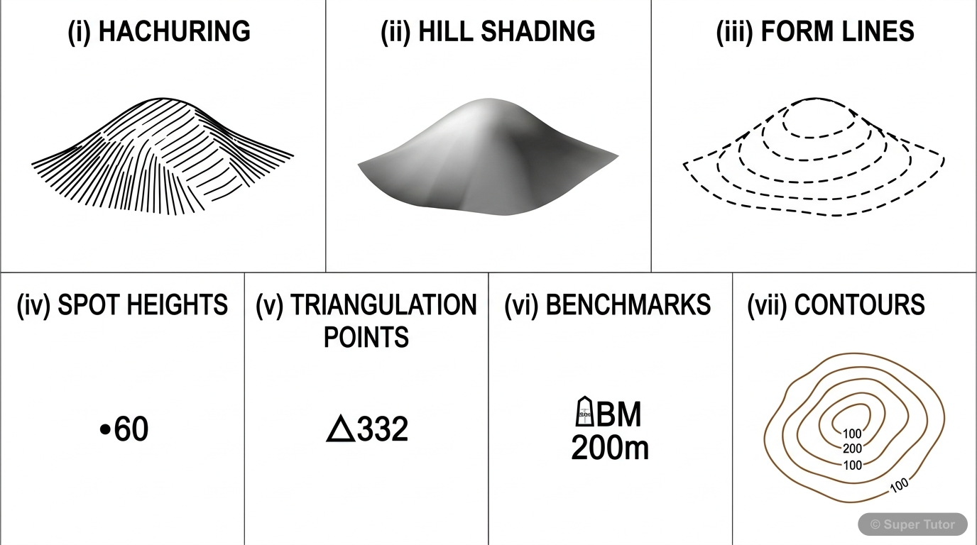 Methods of Representing Relief on Maps A comparison chart or infographic detailing various methods used to show relief on topographical maps, including hachuring, hill shading, form lines, spot heights, triangulation points, benchmarks, an