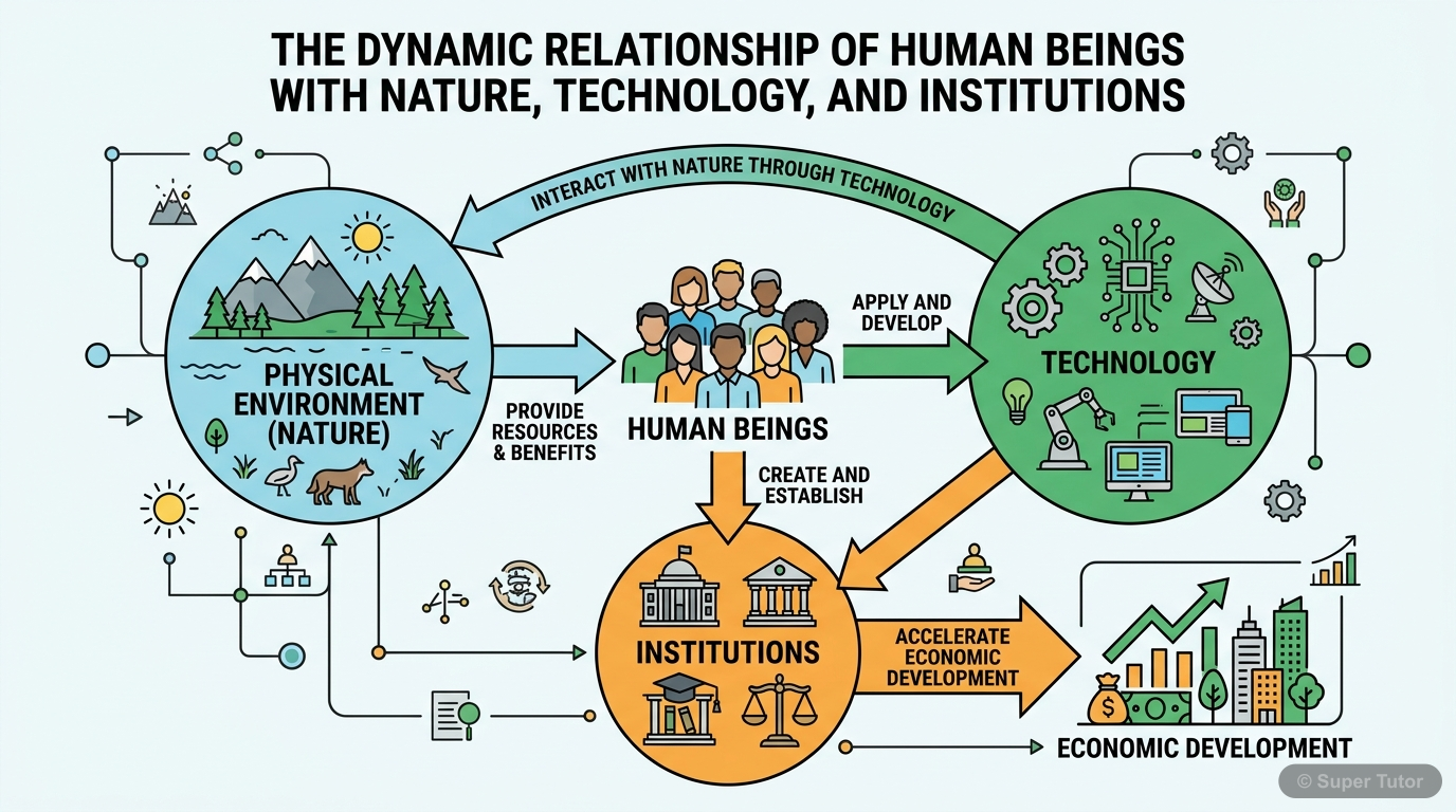 A diagram illustrating the interdependent relationship between Nature, Technology, and Institutions, with Human Beings at the center, transforming elements into resources.