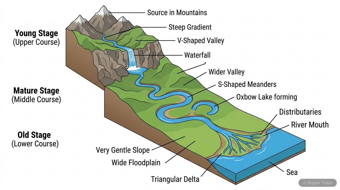 A diagram illustrating the three stages of a river (Young, Mature, Old) and the characteristic landforms associated with each stage.