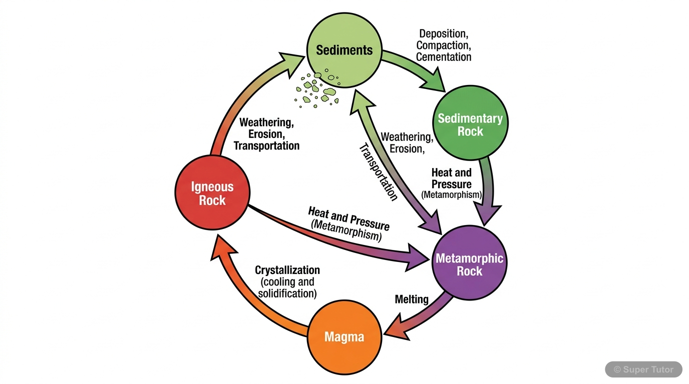 The Rock Cycle A comprehensive flowchart illustrating the continuous process by which rocks are transformed from one type to another (igneous, sedimentary, metamorphic) through various geological processes like weat