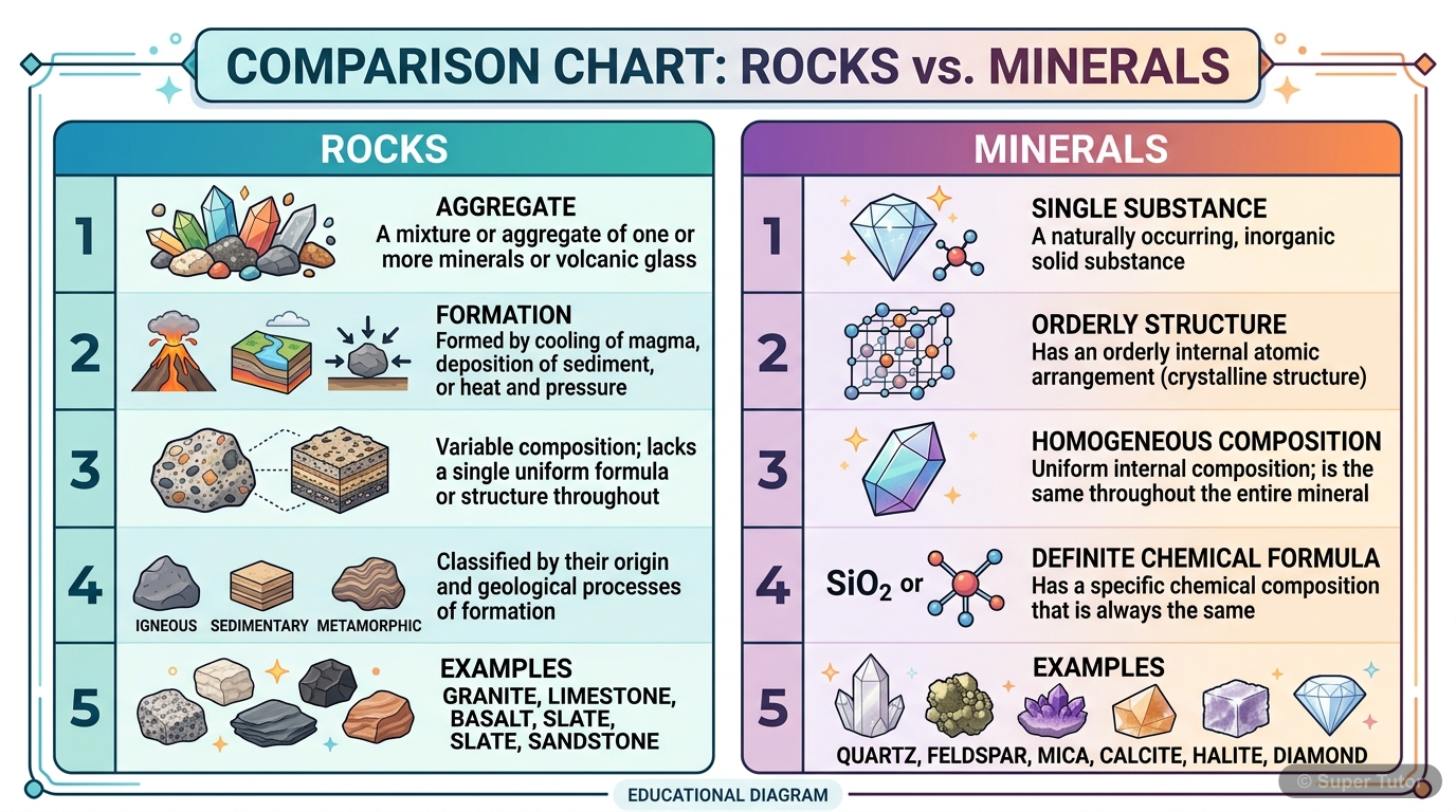 A comparison chart highlighting the key differences between rocks and minerals, including composition, homogeneity, chemical structure, classification, and examples.