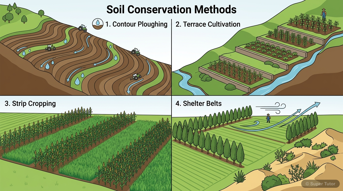 Soil Conservation Methods A diagram illustrating various techniques for soil conservation: contour ploughing, terrace cultivation, strip cropping, and shelter belts.