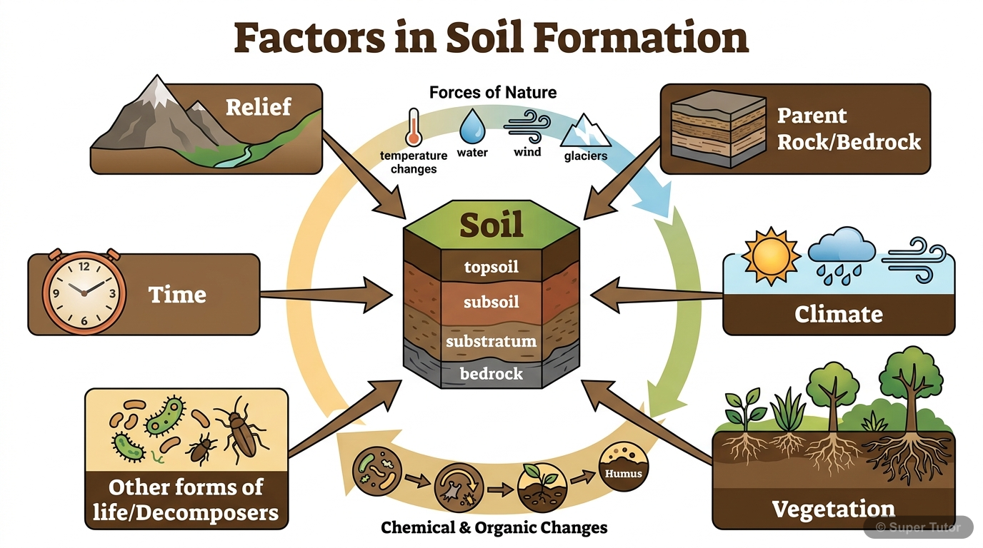 A diagram illustrating the key factors involved in the formation of soil: relief, parent rock, climate, vegetation, other life forms, and time.