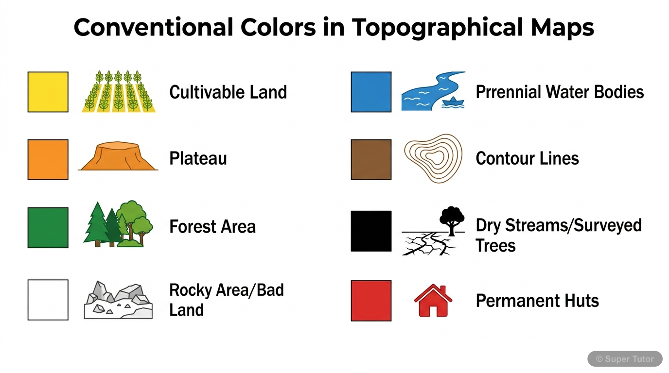 Conventional Colors in Topographical Maps A legend-style infographic explaining the universally accepted conventional colors used in topographical maps and the features they represent.
