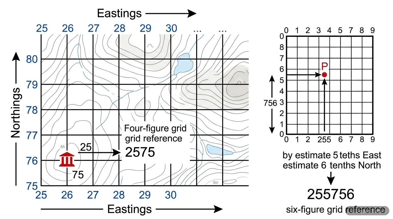 A diagram illustrating the concept of a grid reference on a topographical map, showing Eastings and Northings, and how to read a four-figure and six-figure grid reference for a specific point.