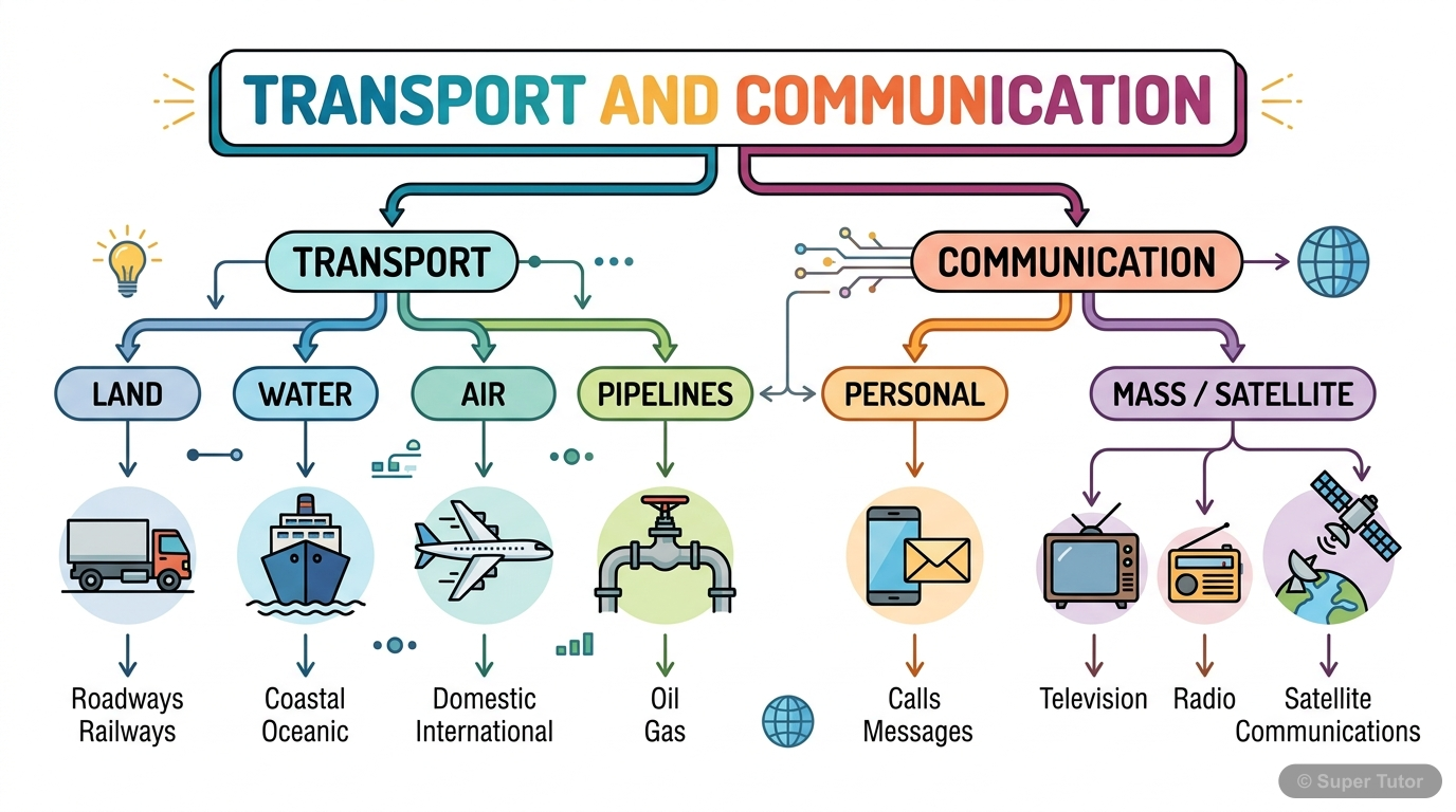 A flowchart illustrating the major categories of transport (land, water, air, pipelines) and communication (personal, mass, satellite) with examples for each.