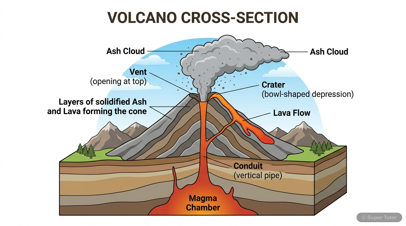 A labeled cross-section diagram showing the internal and external components of a volcano, including the magma chamber, conduit, vent, crater, and layers of lava and ash.