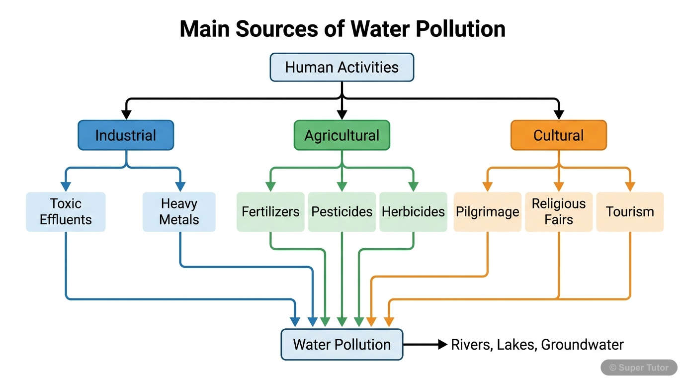 A flowchart illustrating the various human activities that lead to water pollution, including industrial, agricultural, and cultural sources, and their impact on water bodies.