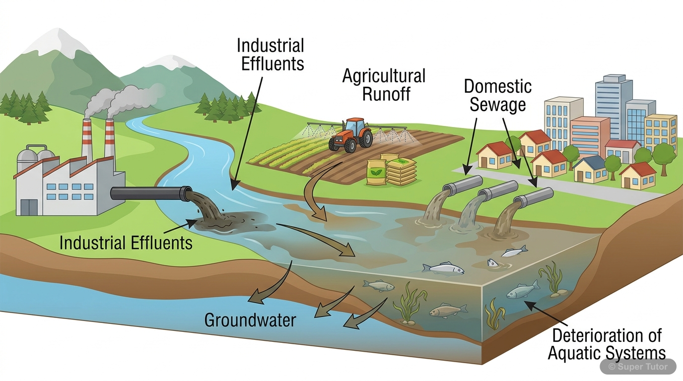 Sources and Impacts of Water Pollution A diagram illustrating various sources of water pollution (industrial, agricultural, domestic effluents) and their impacts on water quality and aquatic systems, including groundwater pollution.