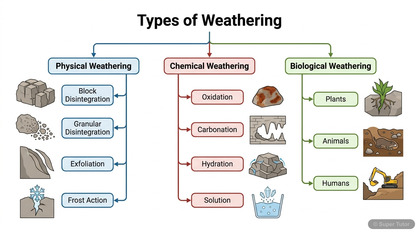 Types of Weathering A flowchart illustrating the three main types of weathering: Physical, Chemical, and Biological, with examples for each.
