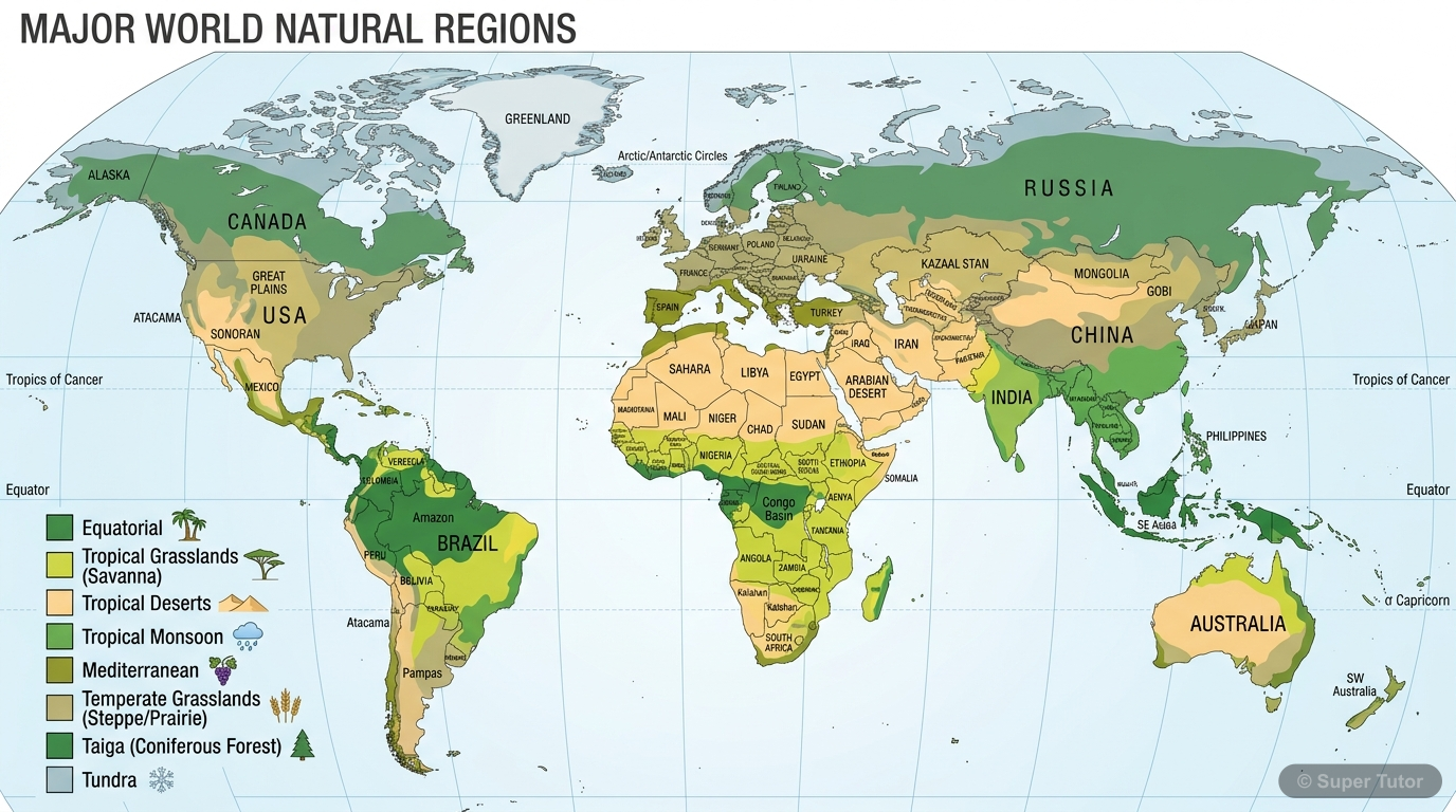 A world map illustrating the distribution of various natural regions, including Equatorial, Tropical Grasslands, Tropical Deserts, Tropical Monsoon, Mediterranean, Temperate Grasslands, Taiga, and Tun