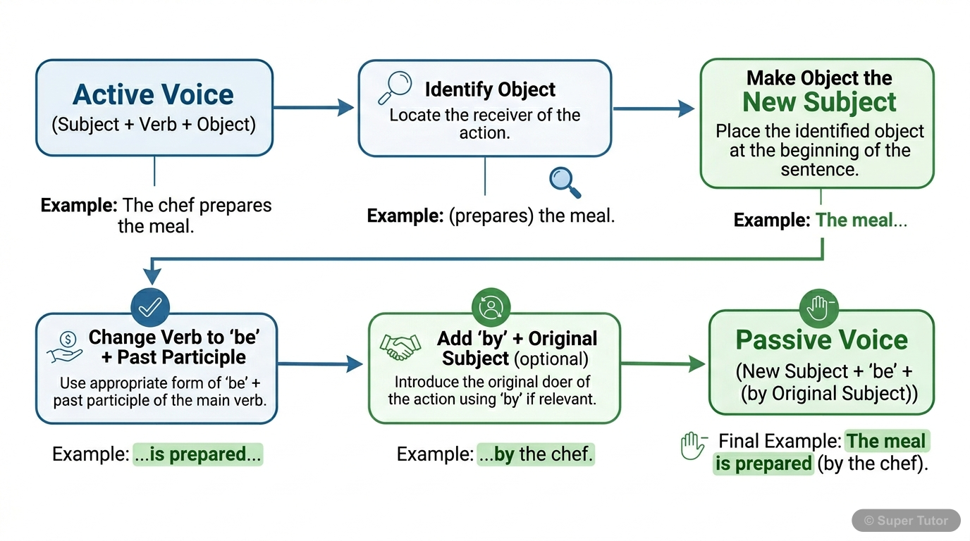 A flowchart illustrating the step-by-step process of converting a sentence from active voice to passive voice, showing how the subject, verb, and object change positions and forms.