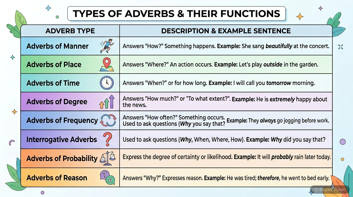 A table illustrating different kinds of adverbs, their functions (what questions they answer), and example sentences for each type.