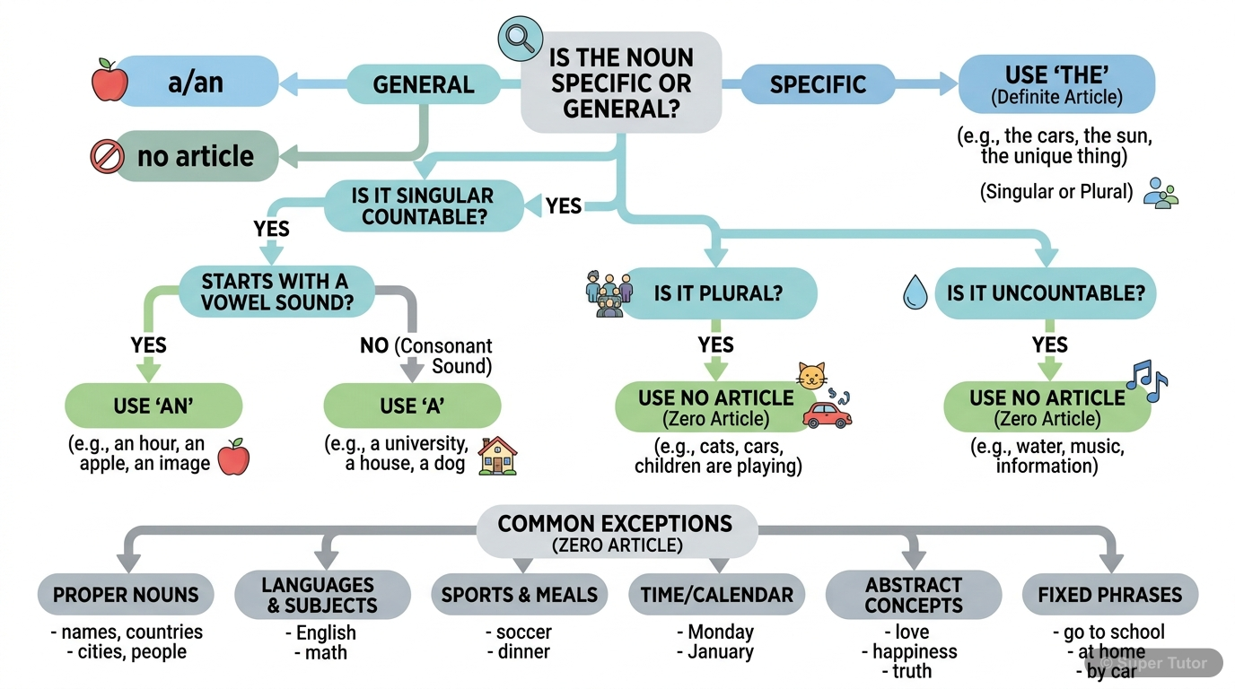 A flowchart guiding the user through the decision-making process of choosing between 'a', 'an', 'the', or no article, based on noun type (countable/uncountable, singular/plural), sound, specificity, a