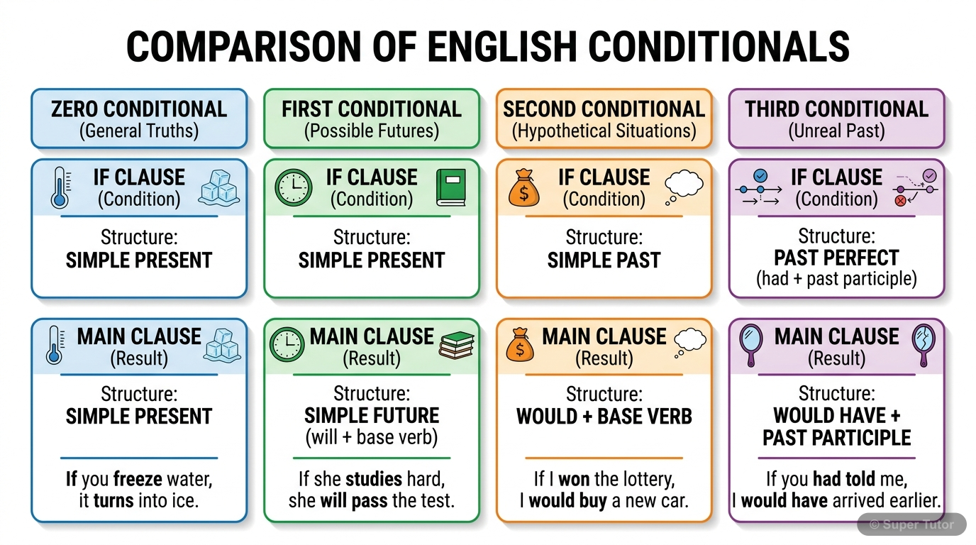 A comparison chart illustrating the four types of conditional sentences (Zero, First, Second, Third) with their structures (if clause and main clause tenses/modals) and example sentences for each type
