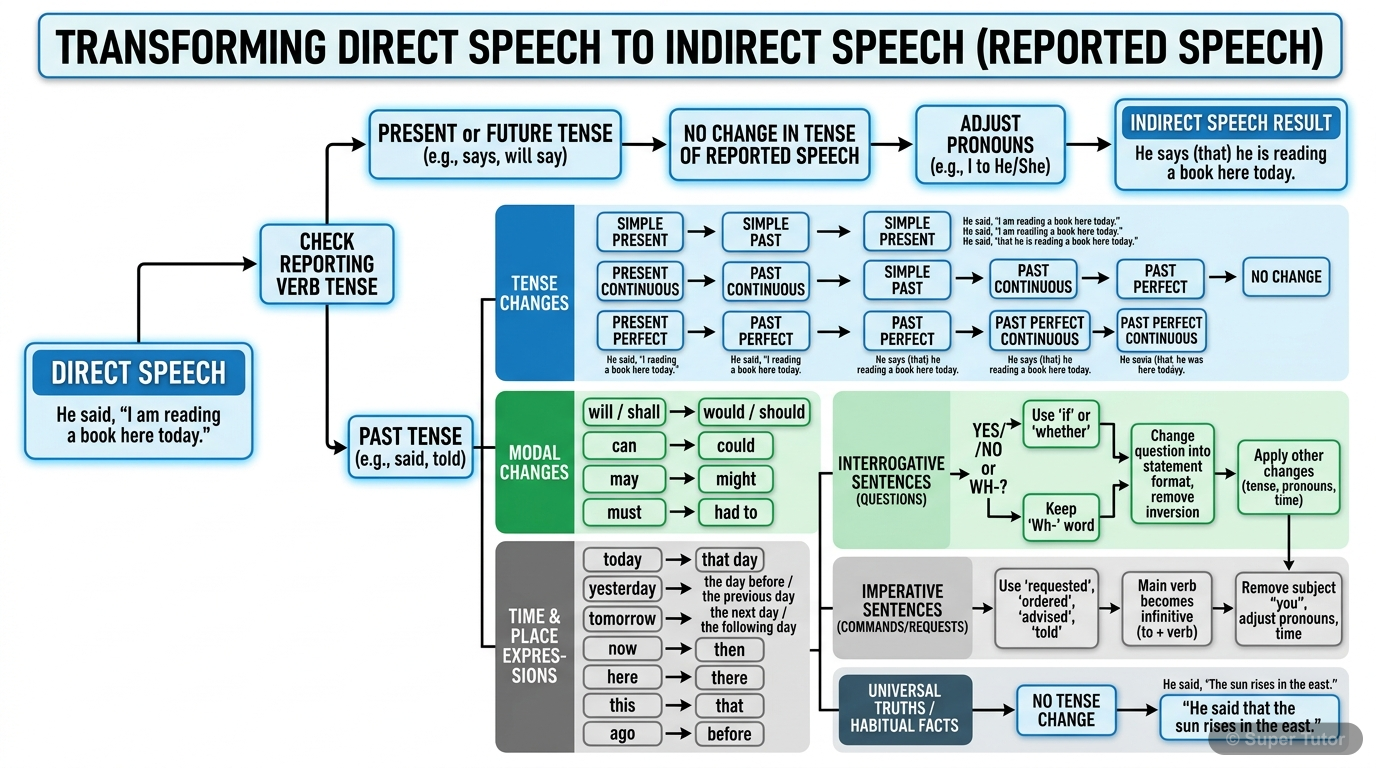 A flowchart illustrating the step-by-step process and rules for converting direct speech into indirect speech, covering changes in tense, pronouns, time/place expressions, and reporting verbs based on