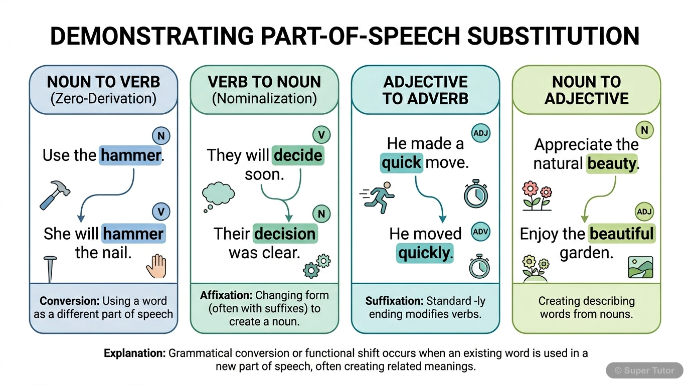 Substitution of Parts of Speech Examples An infographic illustrating how different parts of speech (noun, verb, adjective, adverb) can be substituted for one another, often by changing word form or sentence structure, using clear examples.