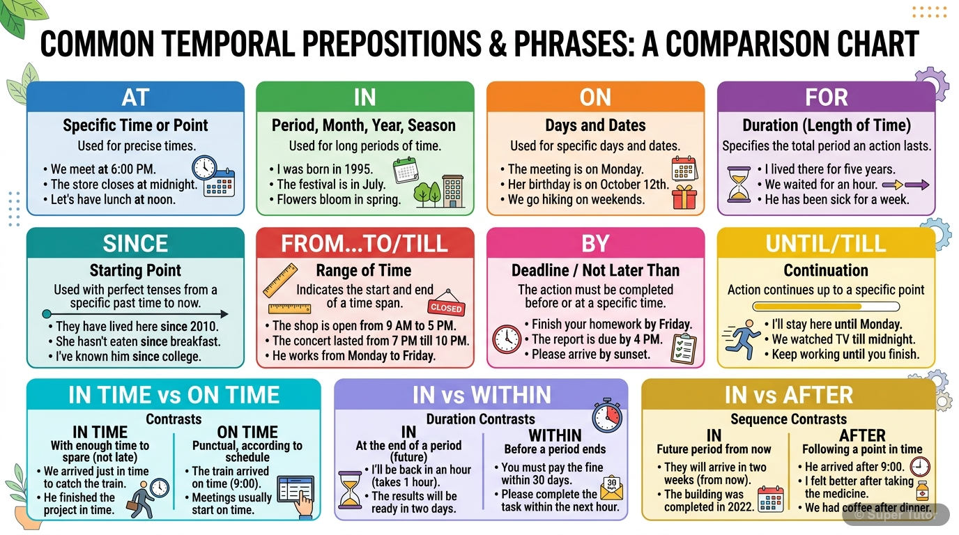 A comparison chart illustrating the usage of common prepositions of time (at, in, on, for, since, by, until) with examples for specific points, periods, durations, and deadlines. It should clearly dif