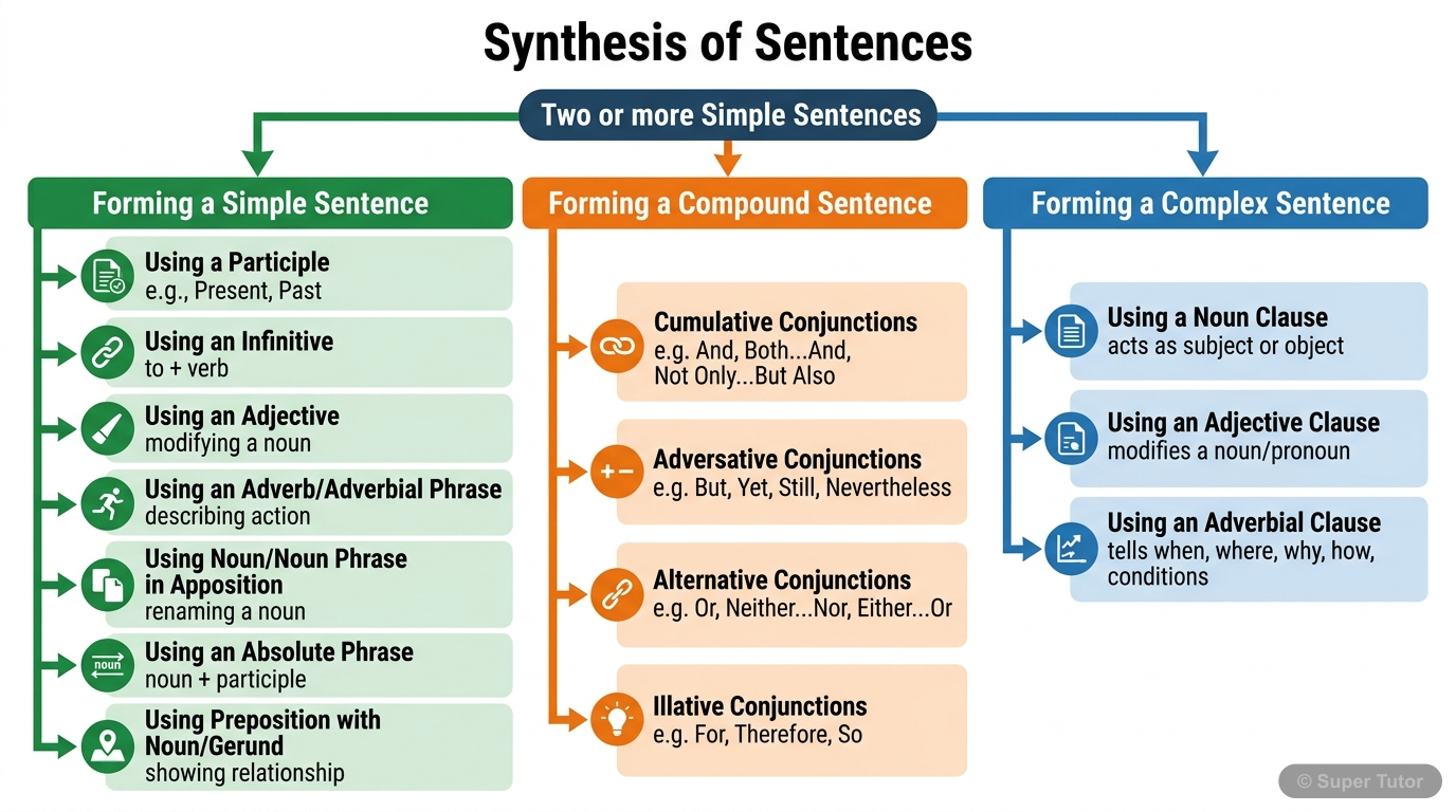 Sentence Synthesis Overview A flowchart illustrating the different methods and resulting sentence types (simple, compound, complex) when synthesizing two or more simple sentences.