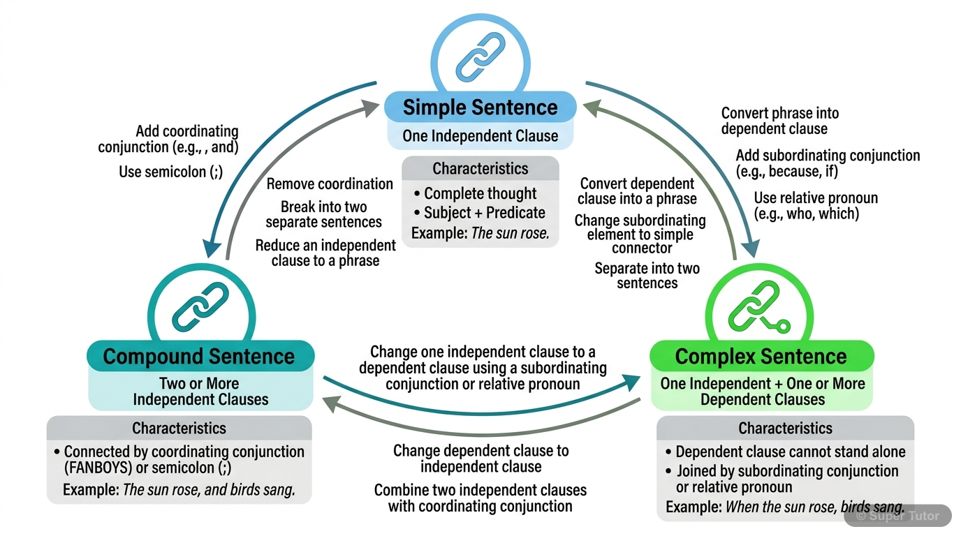 Sentence Transformation Flowchart A flowchart illustrating the process and rules for transforming sentences between simple, compound, and complex structures, highlighting the role of conjunctions and clause types.
