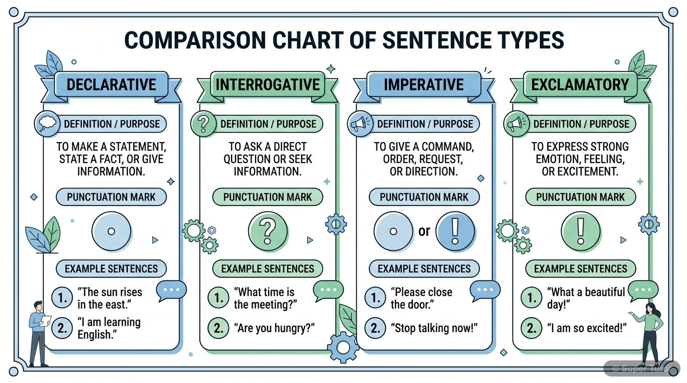 A comparison chart illustrating the four main kinds of sentences (declarative, interrogative, imperative, exclamatory) with their definitions, typical punctuation, and clear examples for each.