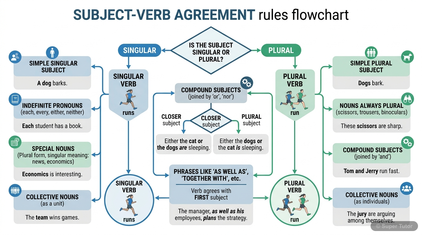 A flowchart illustrating the decision-making process for subject-verb agreement, covering singular/plural subjects, collective nouns, compound subjects, and special cases like 'each,' 'every,' 'either