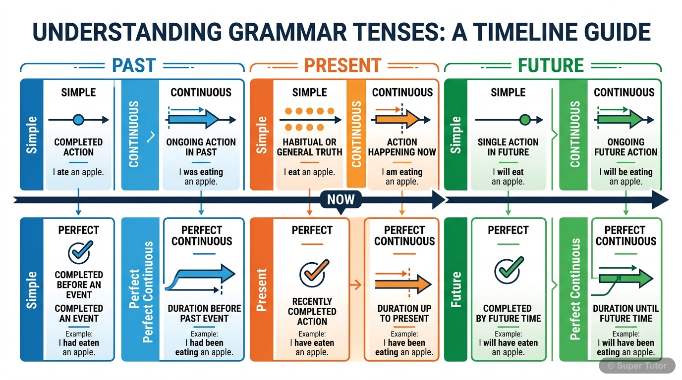 An infographic showing the three main tenses (Past, Present, Future) and their four sub-forms (Simple, Continuous, Perfect, Perfect Continuous) arranged on a timeline, with brief descriptions of when 