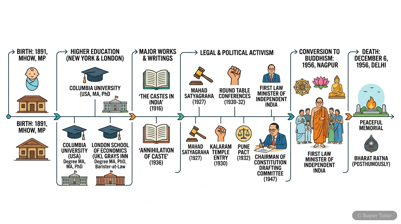 डॉ. भीमराव आंबेडकर के जीवन की महत्वपूर्ण घटनाओं, जन्म, शिक्षा, प्रमुख रचनाओं और निधन को दर्शाने वाली एक समयरेखा.