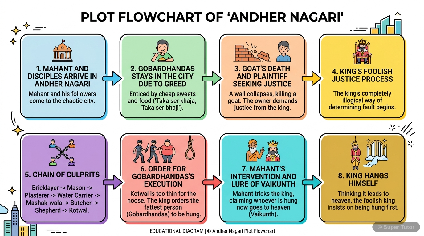 यह फ्लोचार्ट 'अंधेर नगरी' नाटक की मुख्य घटनाओं और उनके क्रम को दर्शाता है, जिसमें महंत और चेलों का आगमन, बाजार का दृश्य, बकरी की मौत, न्याय प्रक्रिया की विसंगतियाँ, गोबर्धनदास को फाँसी का आदेश और अंत 