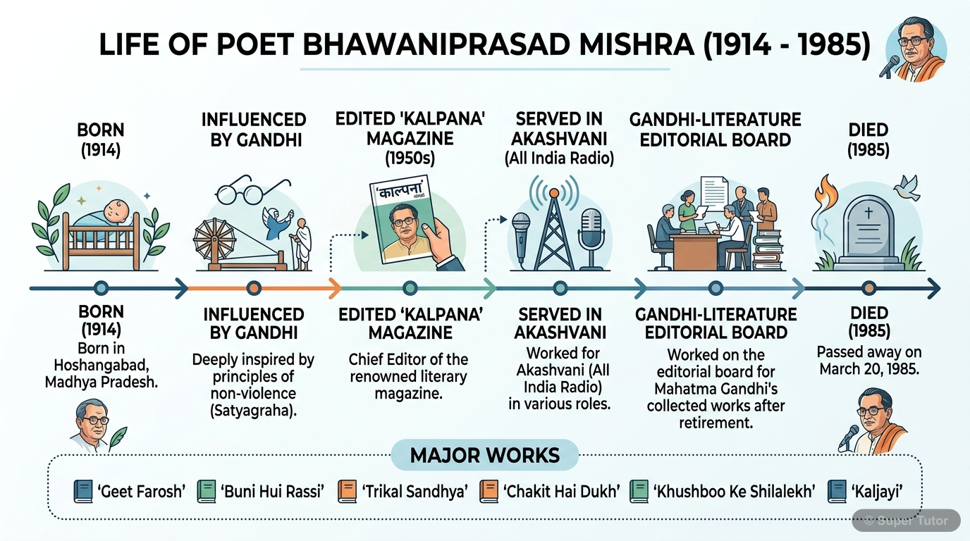 भवानीप्रसाद मिश्र के जीवन की महत्वपूर्ण घटनाओं और साहित्यिक योगदान को दर्शाने वाली एक समयरेखा।