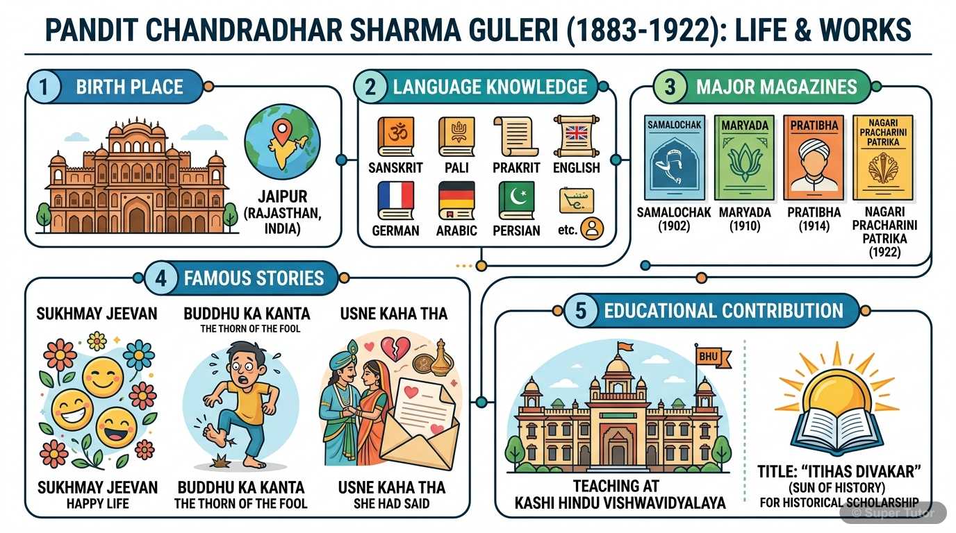 An infographic detailing the life, linguistic abilities, literary contributions (journals, stories), and academic career of Pandit Chandradhar Sharma Guleri.