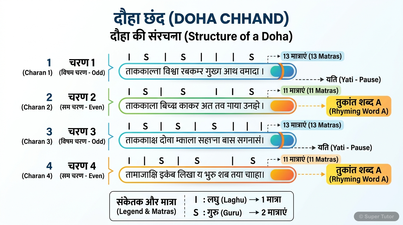 एक आरेख जो दोहा छंद की संरचना को दर्शाता है, जिसमें चार चरण, मात्राओं की संख्या (13, 11, 13, 11), यति, और दूसरे व चौथे चरण में तुक की समानता को स्पष्ट किया गया है।