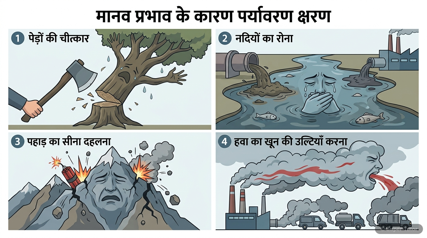 एक इन्फोग्राफिक जो पेड़ों की कटाई, नदी प्रदूषण, पहाड़ों के खनन और वायु प्रदूषण जैसे विभिन्न मानव गतिविधियों को दर्शाता है, और उनके परिणामस्वरूप प्रकृति पर पड़ने वाले नकारात्मक प्रभावों को उजागर करता ह