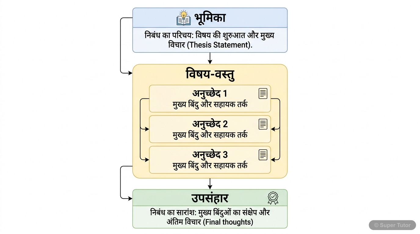 एक निबंध के तीन मुख्य अंगों - भूमिका, विषय-वस्तु और उपसंहार - को दर्शाने वाला एक आरेख।