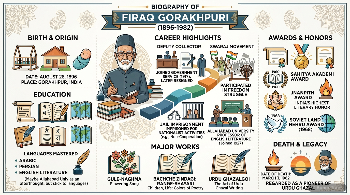 फ़िराक गोरखपुरी: जीवन-परिचय फ़िराक गोरखपुरी के जीवन, शिक्षा, करियर, सम्मान और प्रमुख कृतियों को दर्शाने वाला एक इन्फोग्राफिक।
