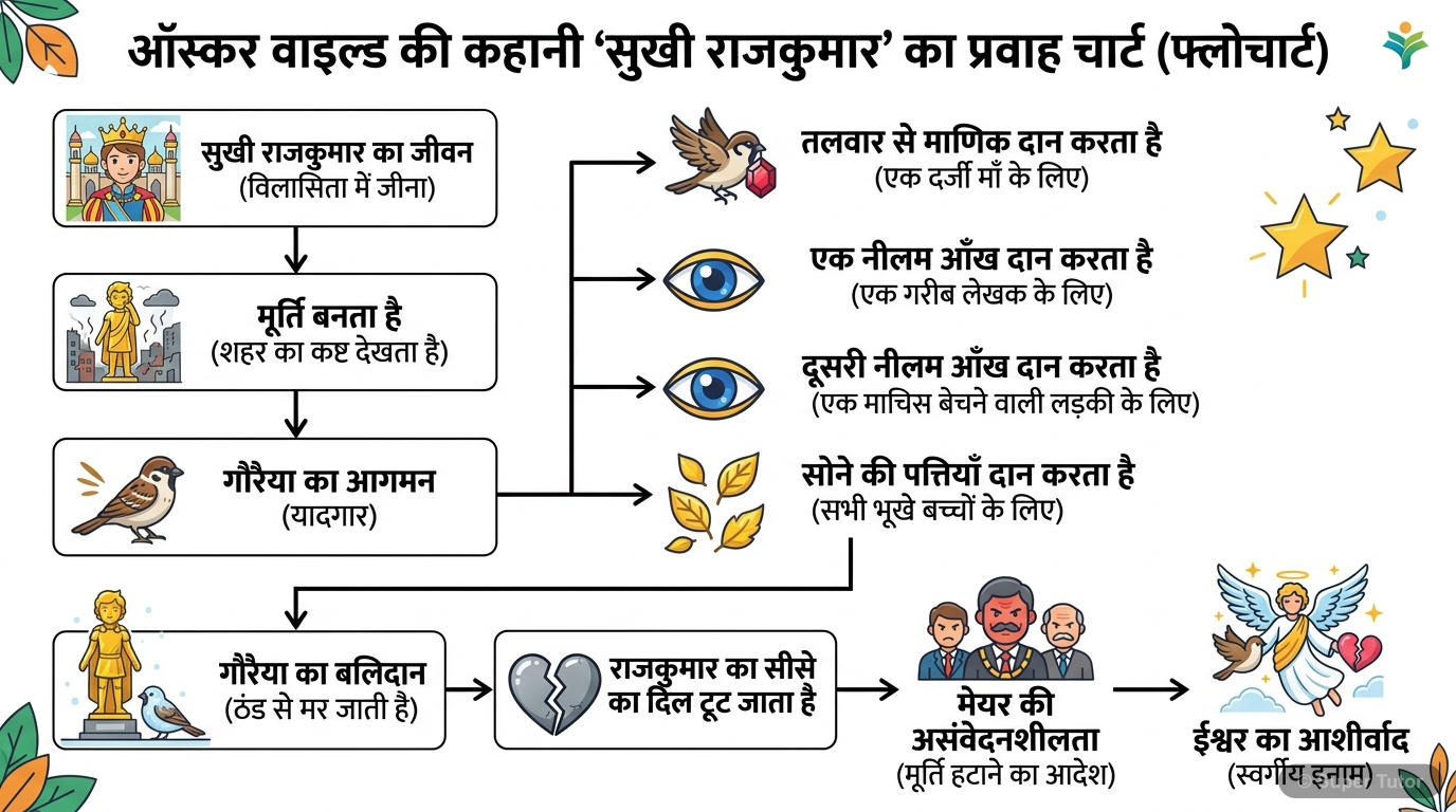 ऑस्कर वाइल्ड की कहानी 'सुखी राजकुमार' की मुख्य घटनाओं और राजकुमार तथा गौरैया के बीच के संवादों को दर्शाने वाला एक प्रवाह चार्ट। यह राजकुमार के जीवित रहते हुए उसके सुखमय जीवन से लेकर मूर्ति बनने के बाद