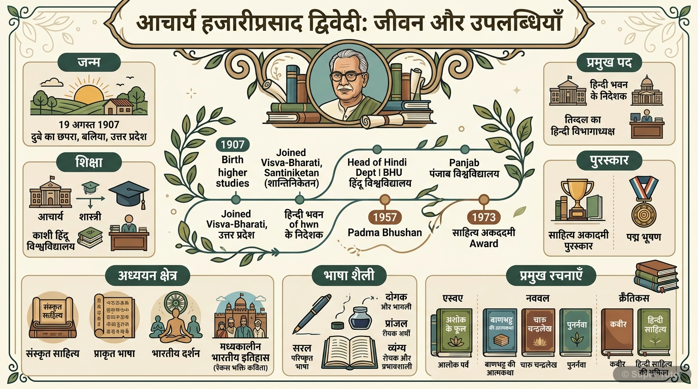 हजारी प्रसाद द्विवेदी के जीवन, शिक्षा, प्रमुख पदों, पुरस्कारों और साहित्यिक योगदान को दर्शाने वाला एक इन्फोग्राफिक.