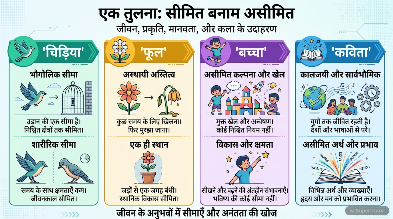 A comparison chart illustrating the similarities and differences between a bird's flight, a flower's bloom, a child's play, and the nature of poetry, as described in 'कविता के बहाने'. It highlights th
