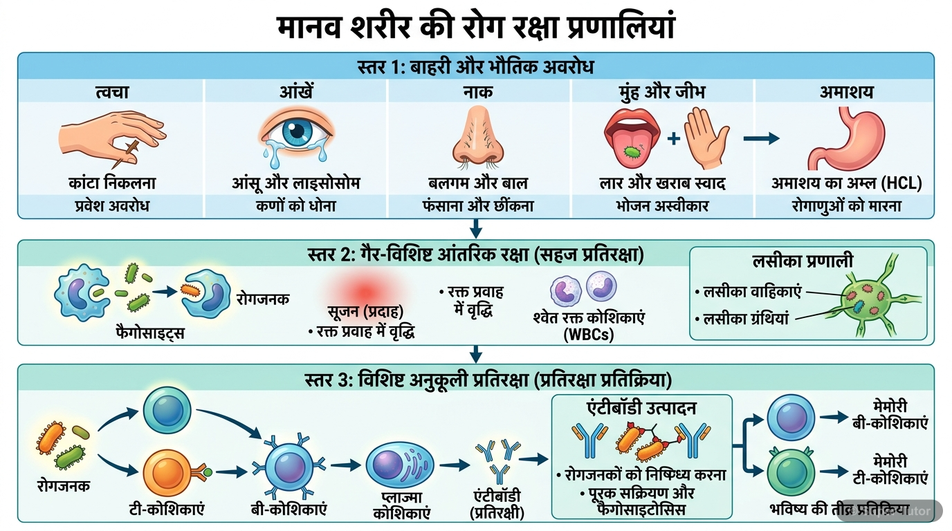 एक फ़्लोचार्ट जो मानव शरीर की विभिन्न प्रतिरक्षात्मक प्रतिक्रियाओं को दर्शाता है, जैसे काँटा निकलने पर गाँठ बनना, आँख में कण जाने पर आँसू आना, छींक आना, जीभ द्वारा स्वाद पहचानना, आमाशय द्वारा उल्टी कर