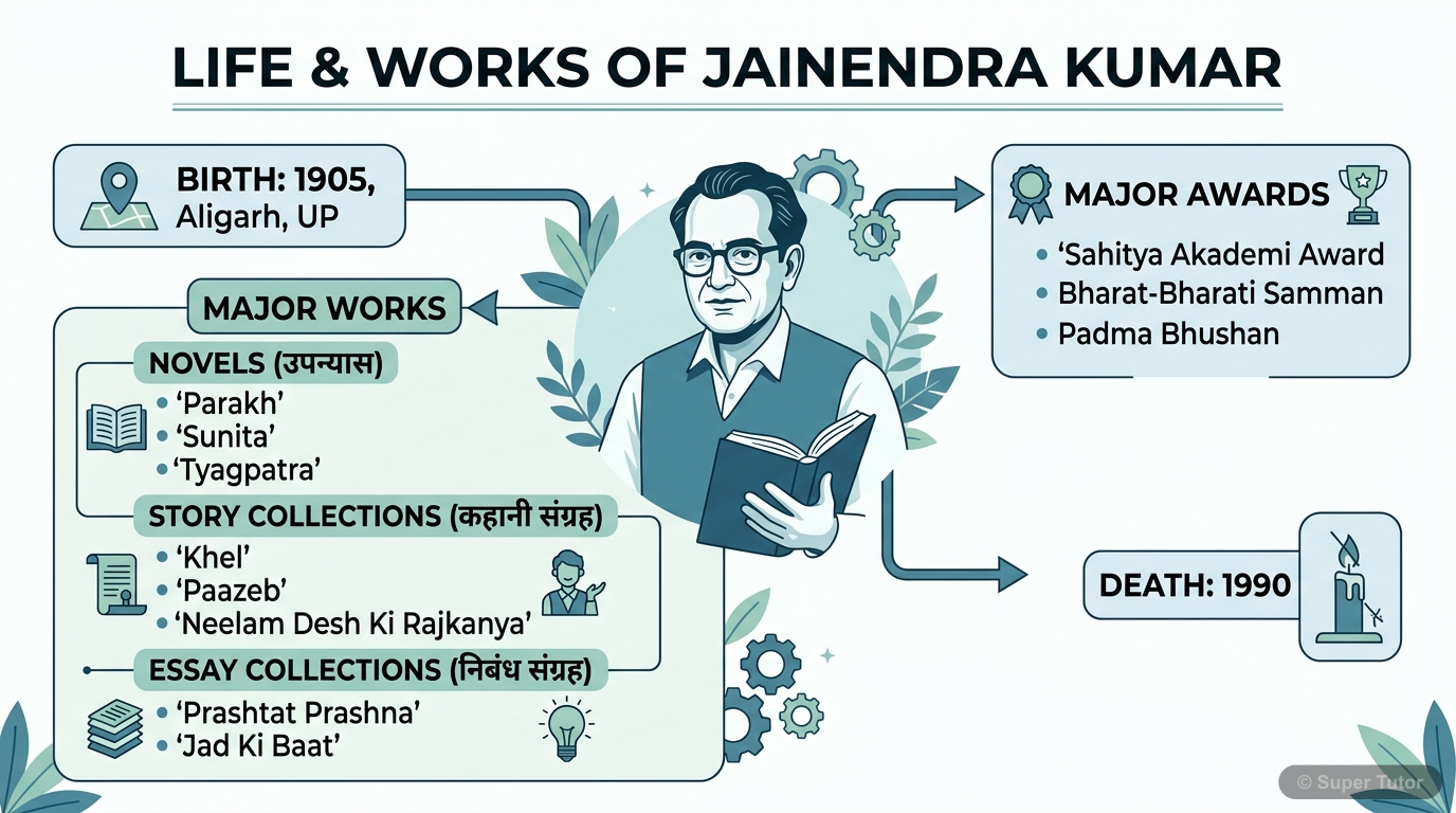 जैनेंद्र कुमार के जन्म, निधन, प्रमुख रचनाओं (उपन्यास, कहानी-संग्रह, निबंध-संग्रह) और प्राप्त पुरस्कारों को दर्शाने वाला एक इन्फोग्राफिक।