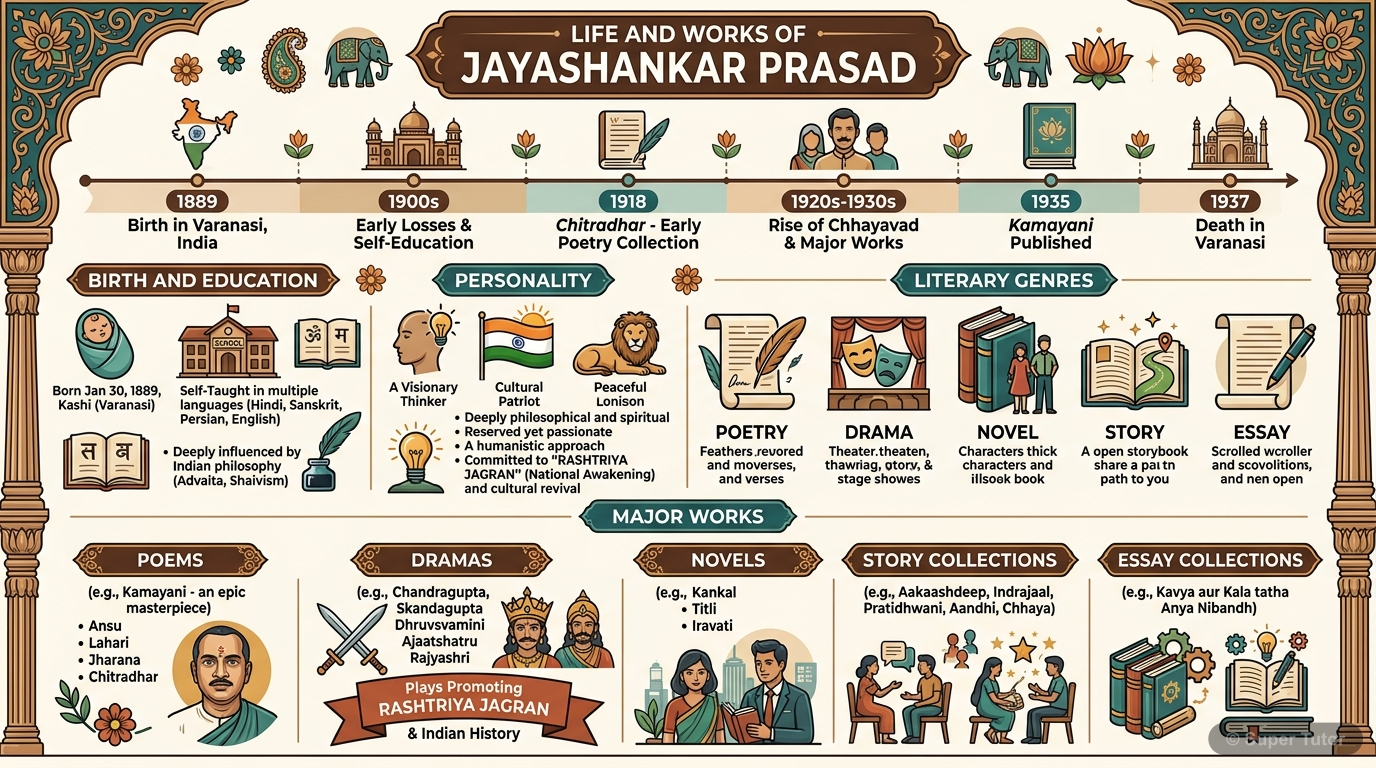 An infographic summarizing key biographical details of Jayashankar Prasad, including his birth, education, personality, literary genres, major works (categorized by genre like drama, novel, story, poe