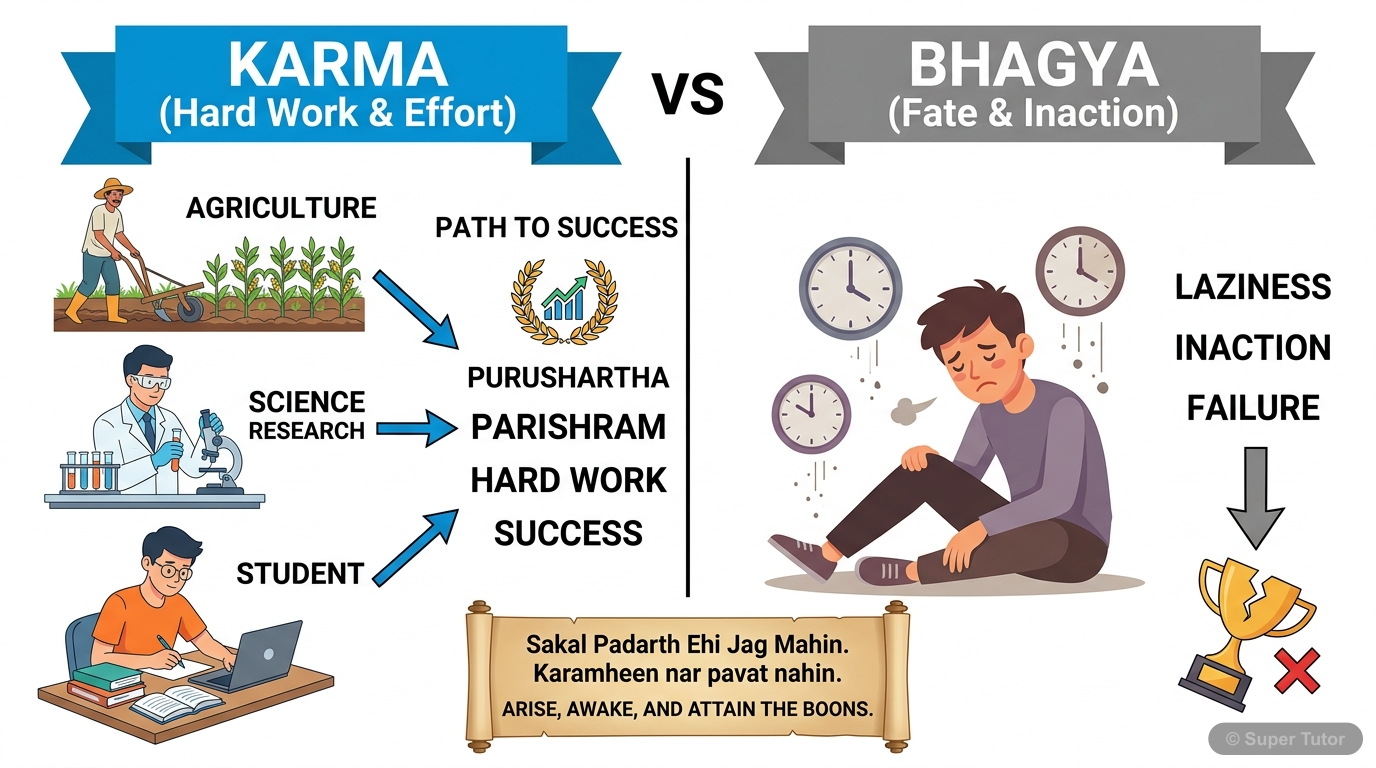 एक इन्फोग्राफिक जो कर्म (परिश्रम, पुरुषार्थ) और भाग्य (आलस्य, अकर्मण्यता) के बीच के अंतर को दर्शाता है, उनके परिणामों और तुलसीदास तथा कठोपनिषद् के उद्धरणों के साथ।
